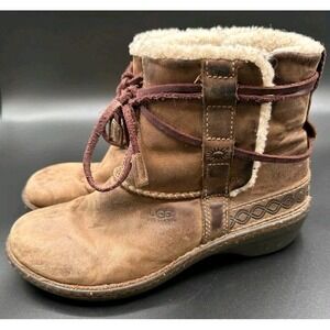 UGG Australia 6 Boots Cove La Jolla Toast Brown Leather Shearling Tie Booties
